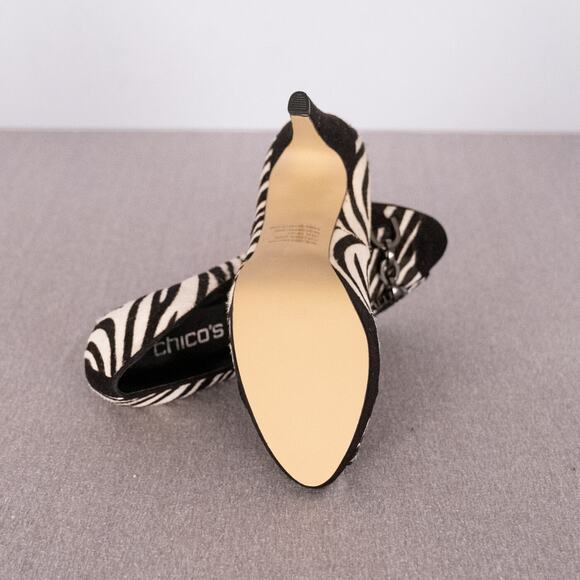 Chico's Zebra Print Open Toe High Heel Shoe 9M Calf Hair Gun Metal Chain Accent - Picture 9 of 10